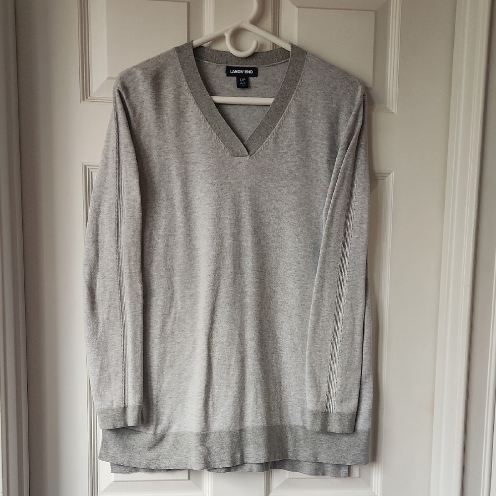 Lands' End Classic Gray V-Neck Sweater with Textured Finish